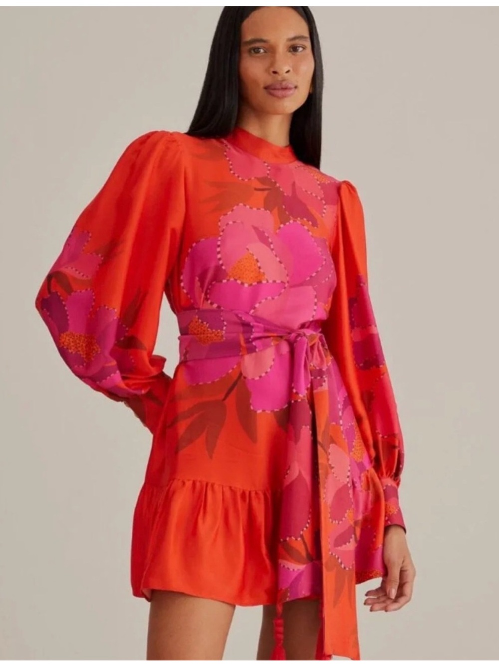 FARM Rio Red & Pink Floral Tie-Waist Mini Dress